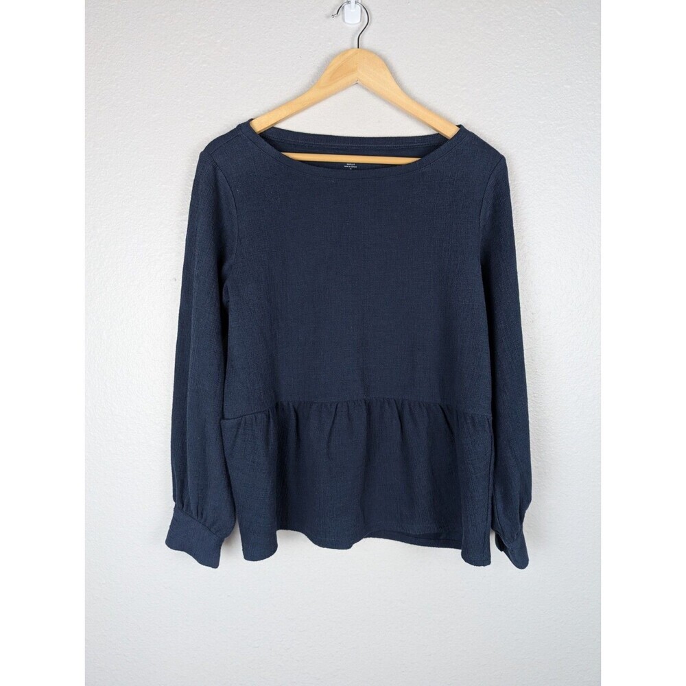 Loft Women's Pullover Top Ruffle Bottom M Round Neck Navy Blue Nautical 154